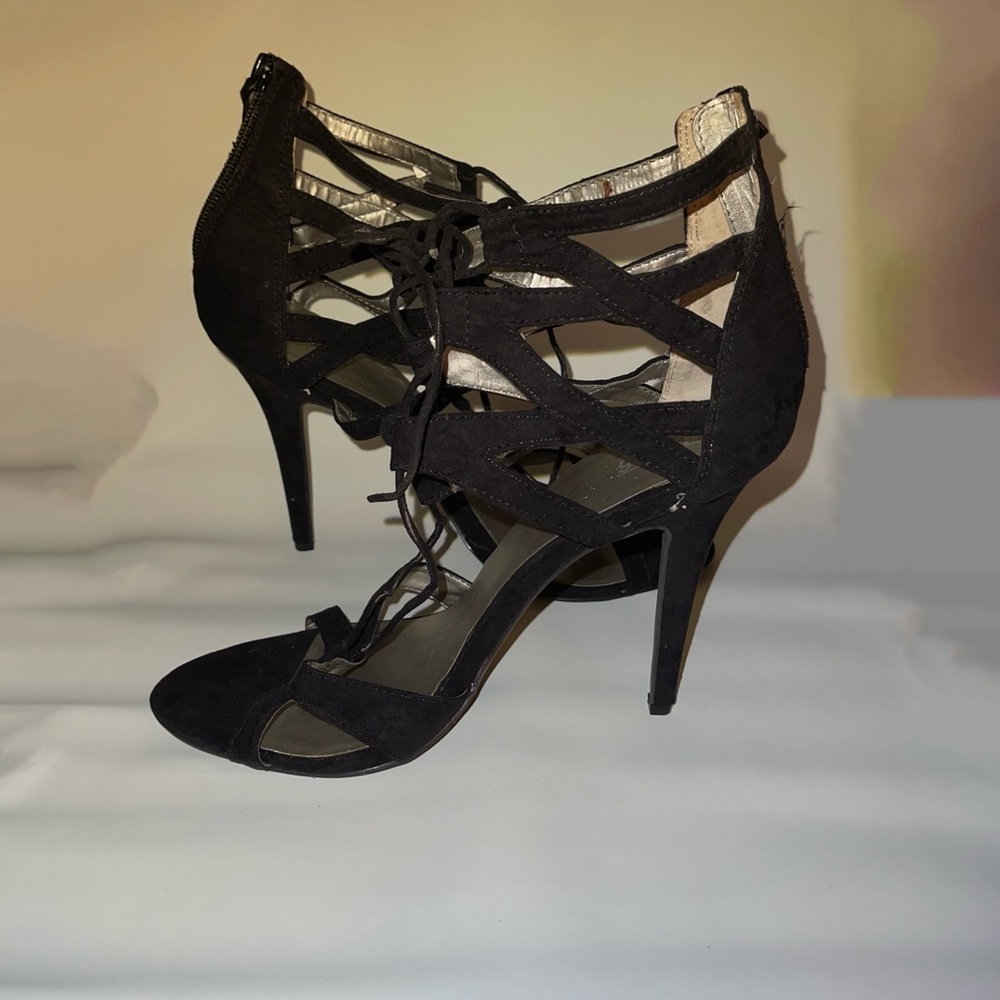 Black nubuck strappy stiletto sandals